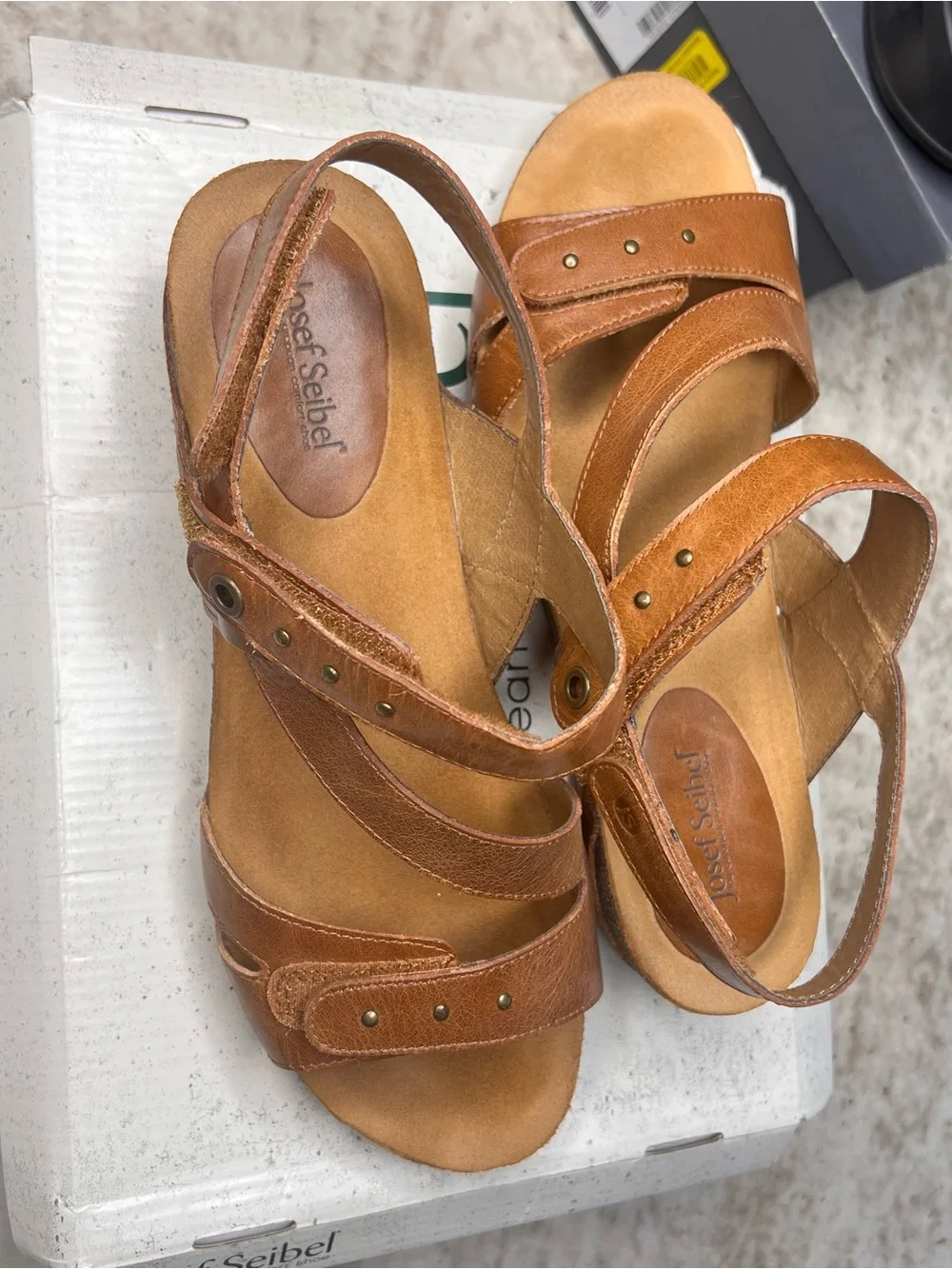 Josef Seibel Cognac Leather Triple-Strap Comfort Sandals, Size: 40